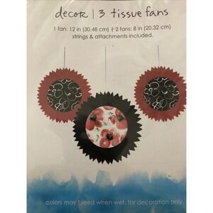 lot of 3 Kathy Davis dangling Decorative Tissue Fans 12" and 8"red black floral